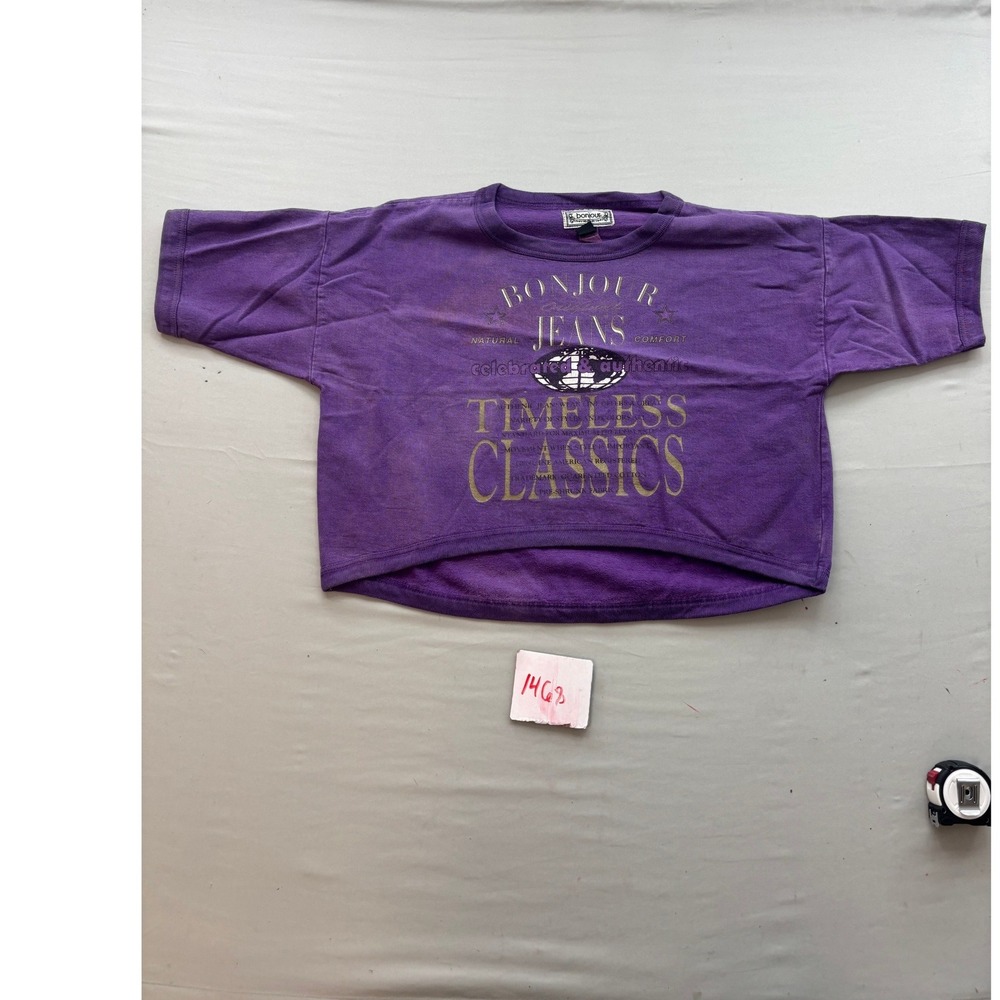 Vintage Bonjour Jeans Purple Cropped Sweatshirt Short Sleeve Graphic 90s Small